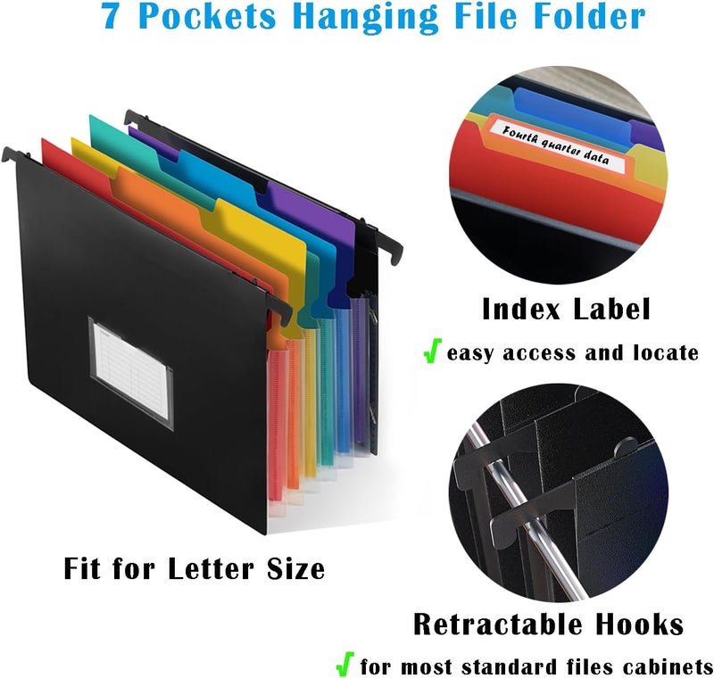 TRANBO 7-Pockets Hanging File Folder with Retractable Hooks for Filing Cabinet, Letter Size Expandable Accordion File Organizer with Elastic Band for File Frame or On-The-Go Use (3 Pack) - Image 4